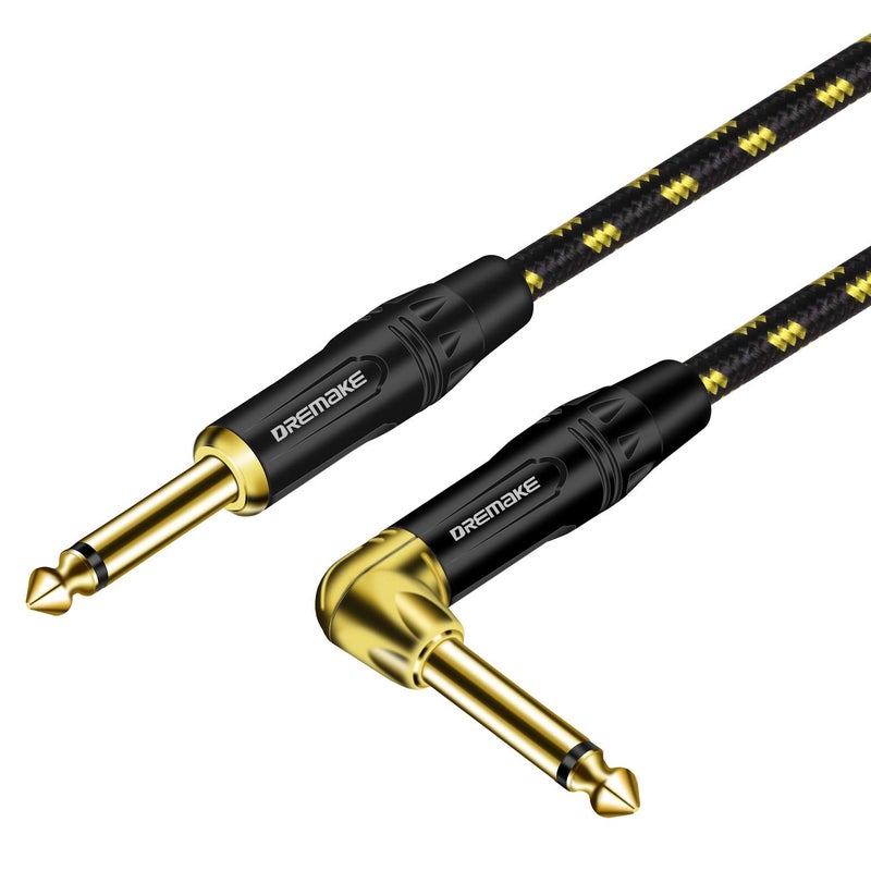 DREMAKE 1/4 Guitar Amp Straight to Right Angel Patch Cord, 15 Feet Quarter Inch Cable Black/Yellow Braided Tweed, Jack 6.35mm 1/4 Inch Guitar Cable for Electric Guitar, Bass, Keyboard to PA Certified - Image 1